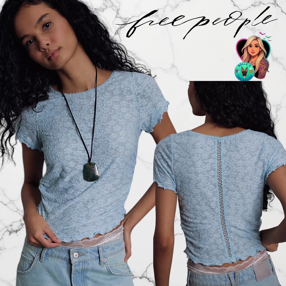 Free People Womens XS/S Anora Baby Tee Blue Floral Lace Ruched Short Sleeve Y2K